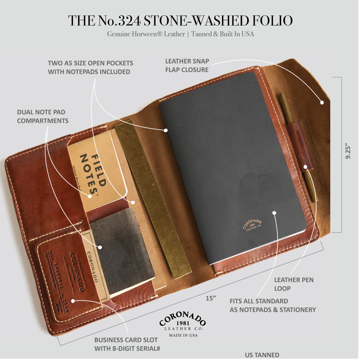 No.324 A5 Flap Folio | Stone-Washed Horween®